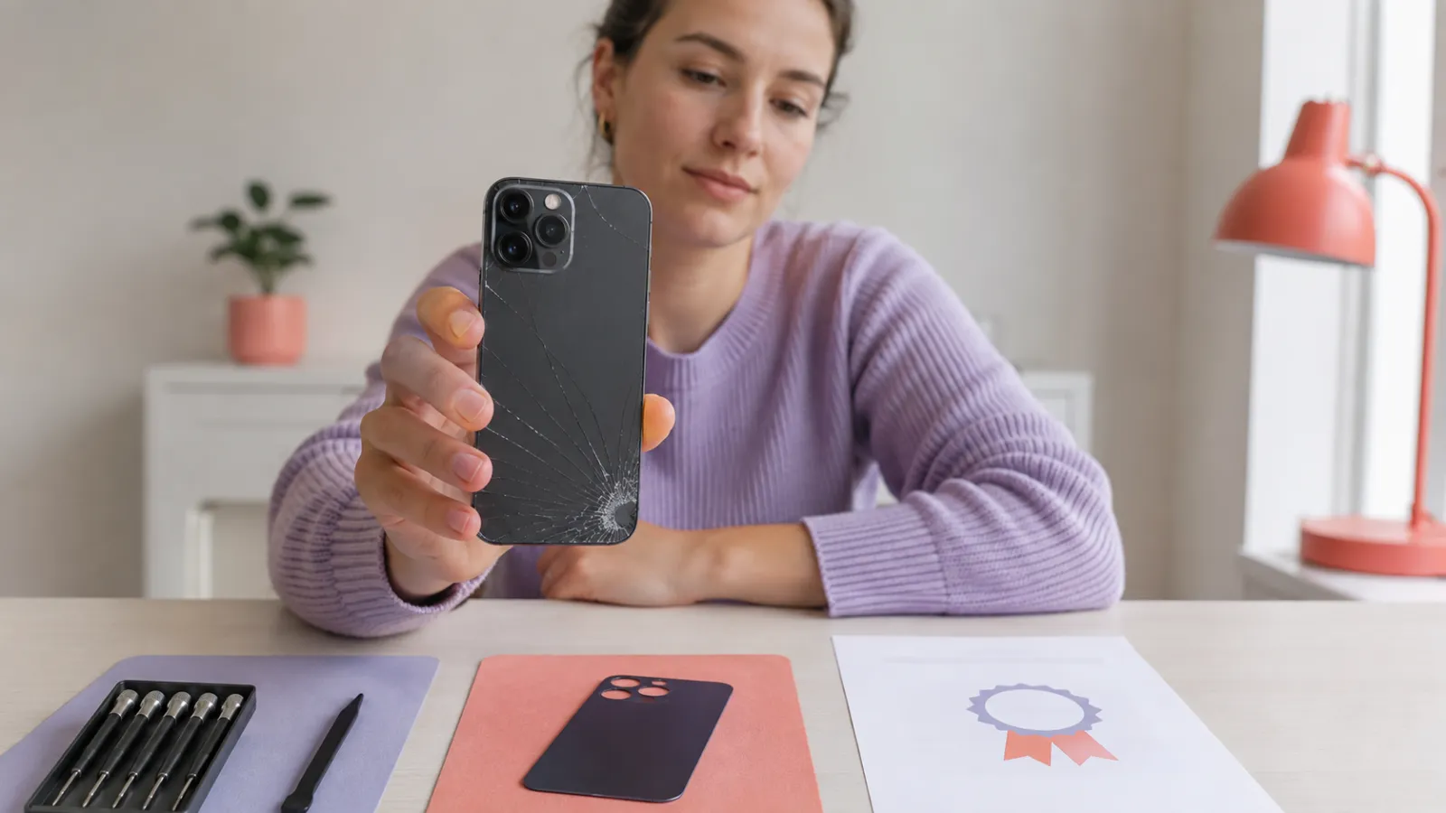 Kvinna visar en iPhone med sprucken baksida bredvid verktyg och en ny bakdel