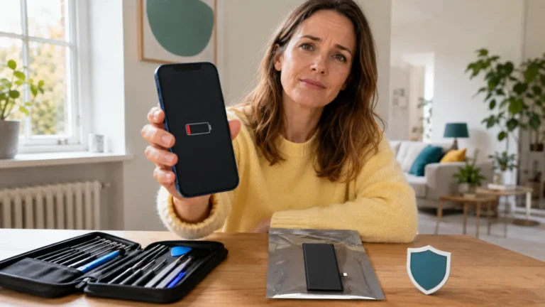 Kvinna visar låg batterinivå på en iPhone 12 vid ett bord med reparationsverktyg