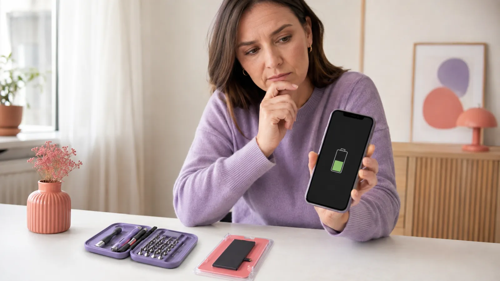 Kvinna jämför batteribyte för sin iPhone med reparationsverktyg på bordet