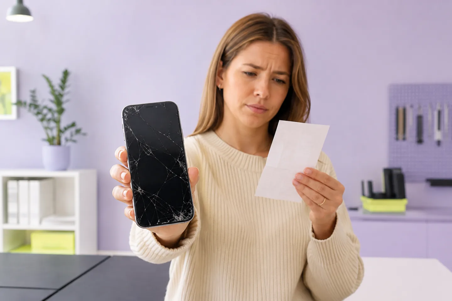 Bekymrad kvinna visar en sprucken iPhone och kontrollerar kvittot inför ett garantiärende
