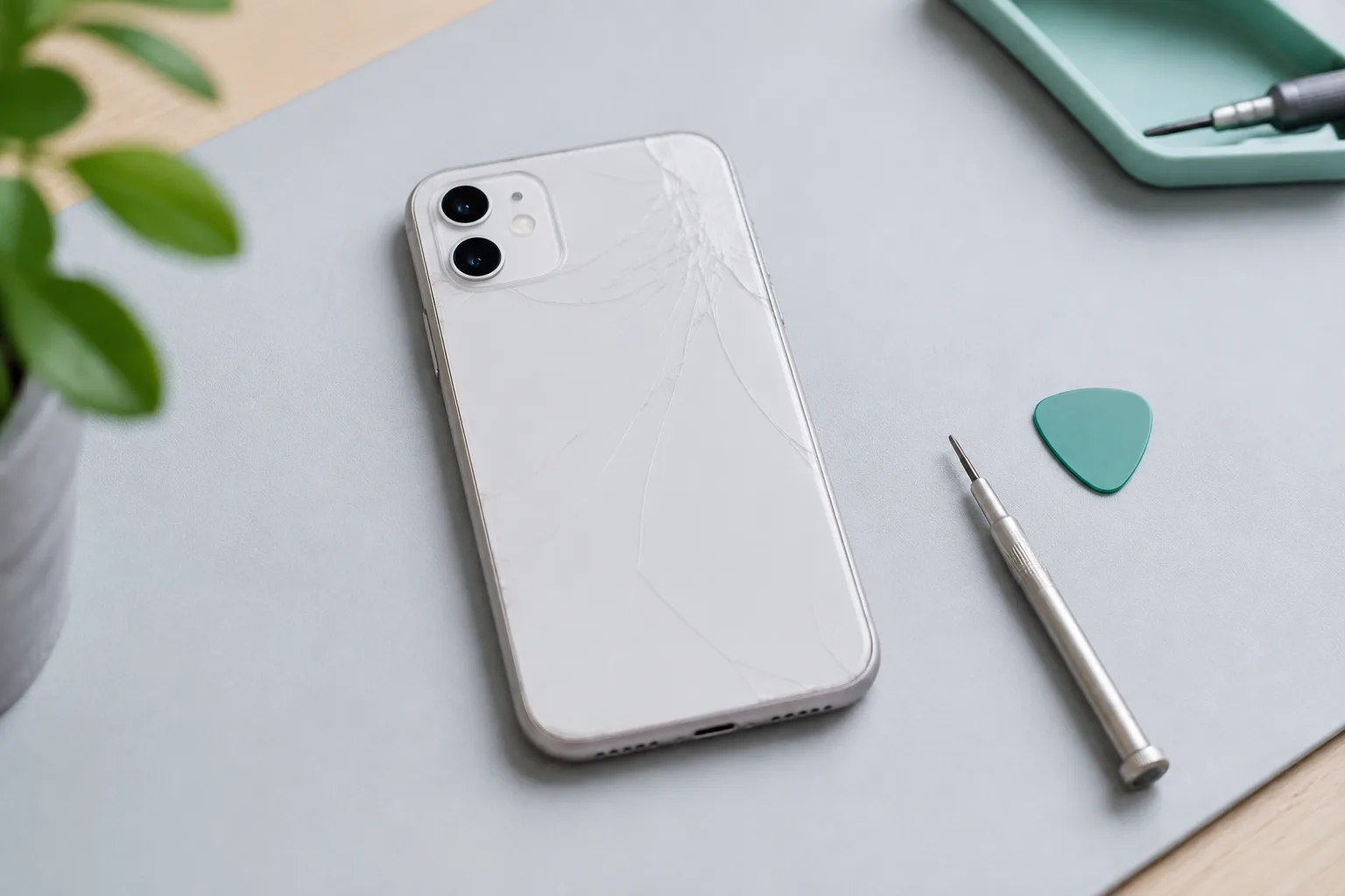 Vit iPhone med sprucket bakglas bredvid reparationsverktyg
