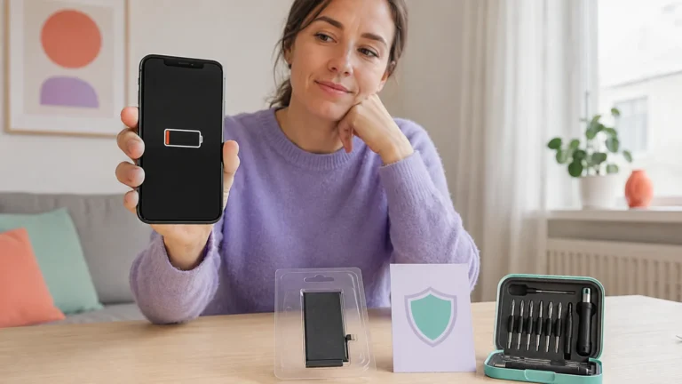 Kvinna visar låg batterinivå på en äldre iPhone bredvid batteri, garanti och verktyg