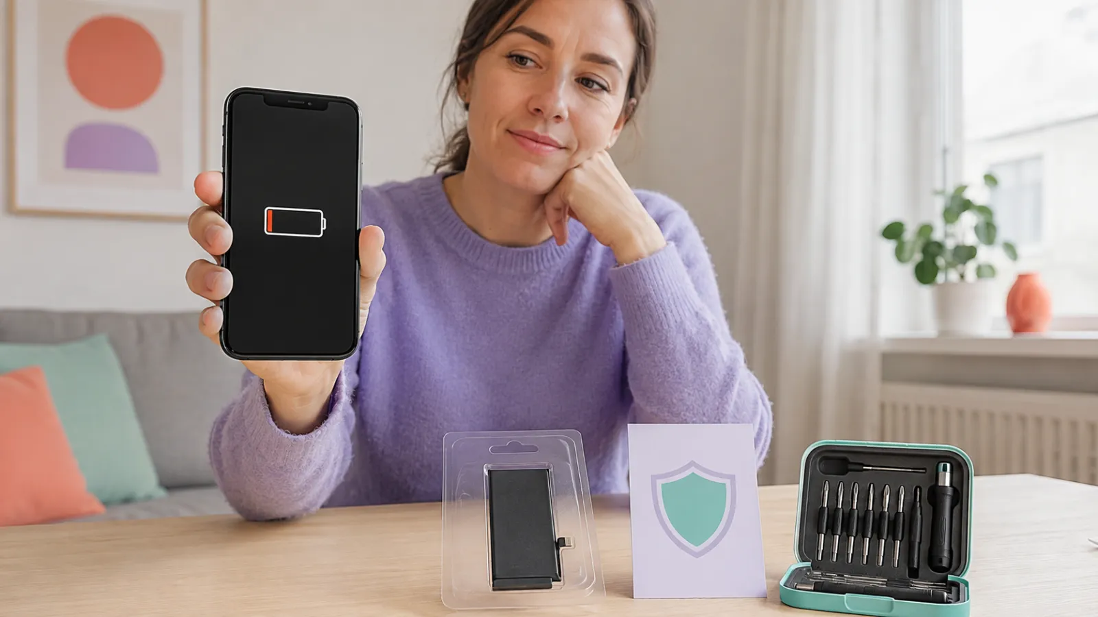 Kvinna visar låg batterinivå på en äldre iPhone bredvid batteri, garanti och verktyg
