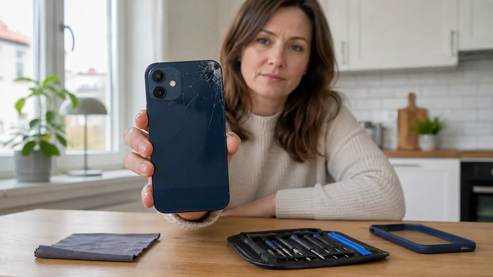 Kvinna visar en iPhone med sprucket bakglas vid ett bord med verktyg
