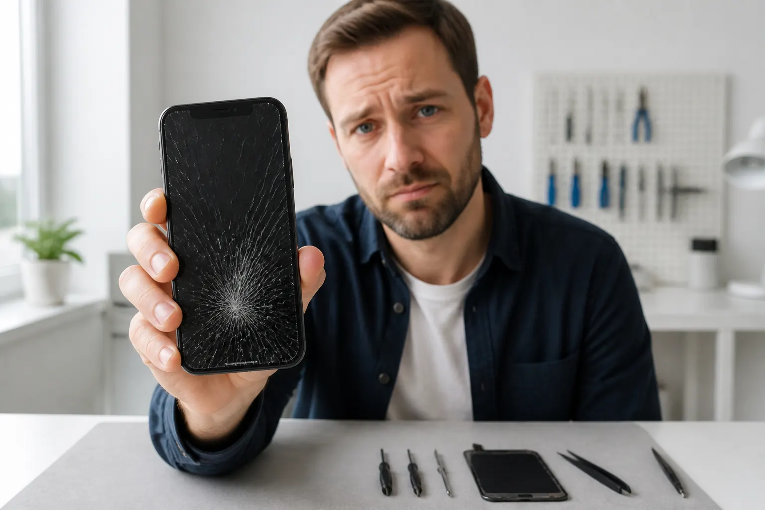 Man visar en iPhone med sprucken skärm vid en reparationsbänk