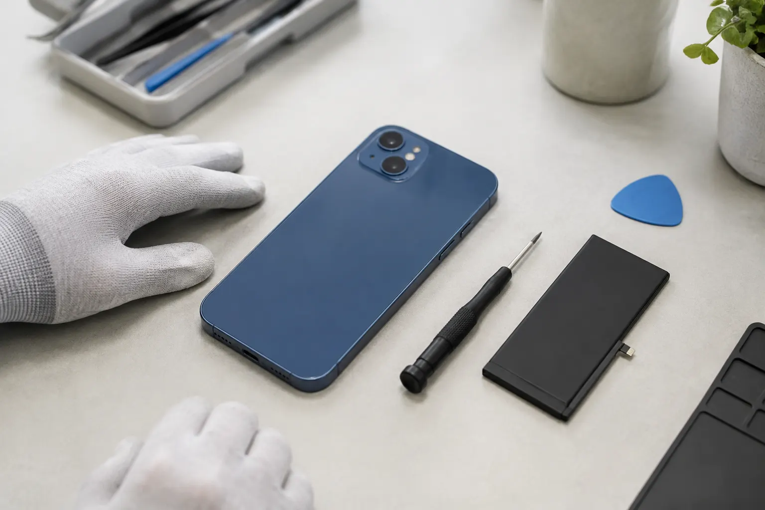 iPhone, reservbatteri och reparationsverktyg på ett bord