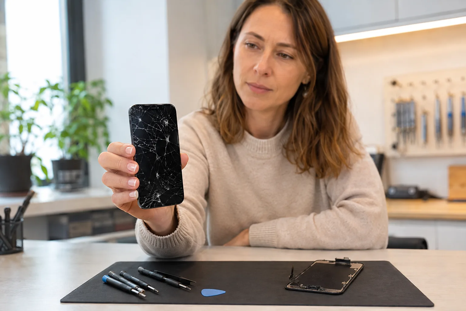 Kvinna håller en iPhone med sprucken skärm vid ett bord med verktyg