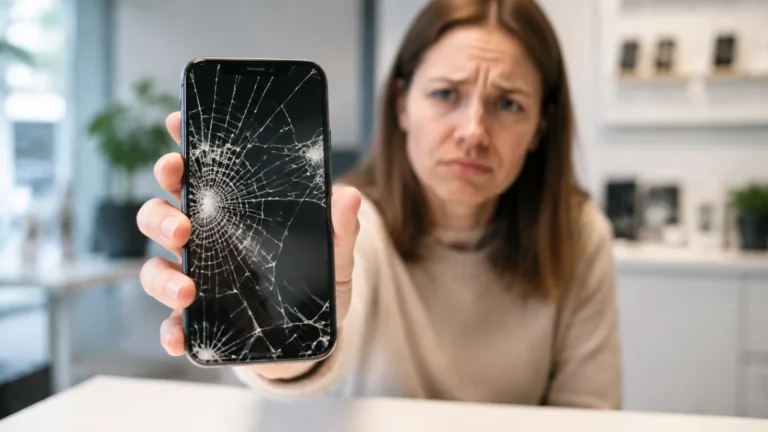 Kvinna visar en iPhone med kraftigt sprucken skärm