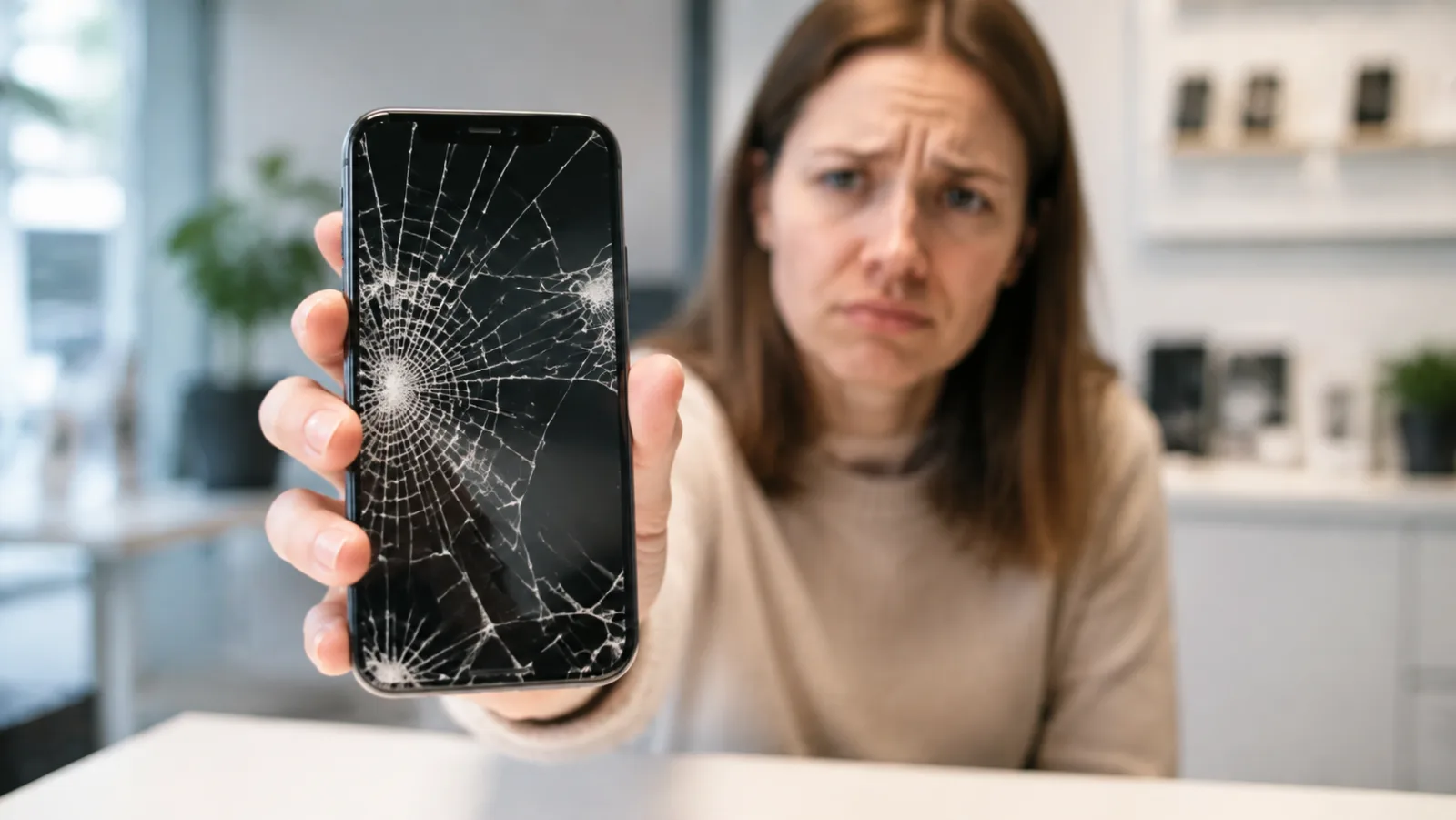 Orolig kund visar en iPhone med stor spricka i skärmen för reparatör