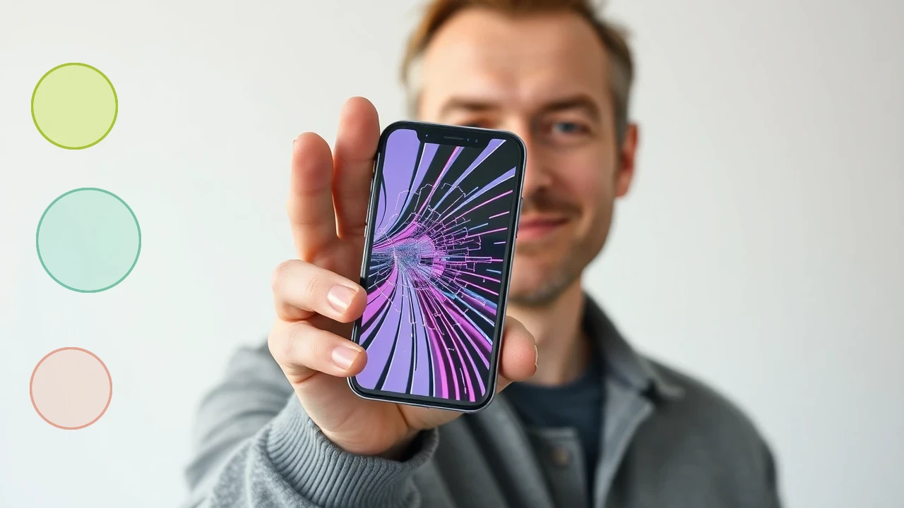 iPhone med sprucken skärm och tre markörer för prisjämförelse