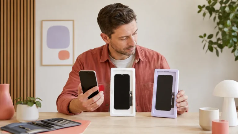 Man jämför två olika ersättningsskärmar med sin iPhone på ett reparationsbord