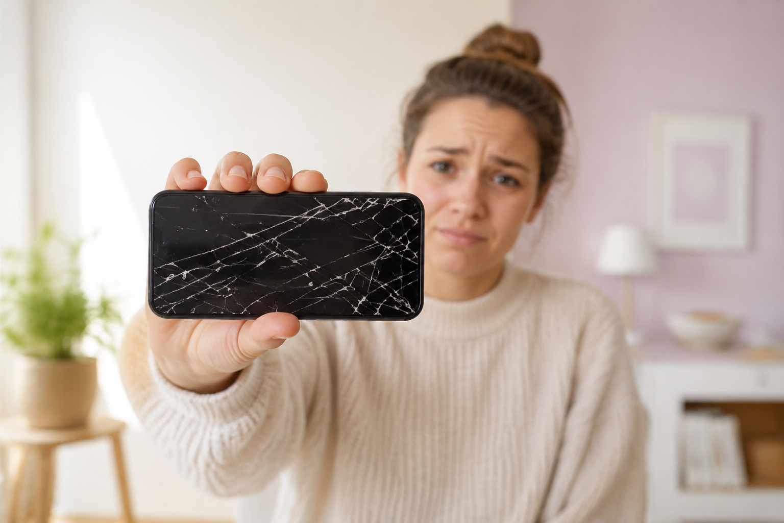 Ledsen kvinna som visar sin iPhone med sprucken skärm
