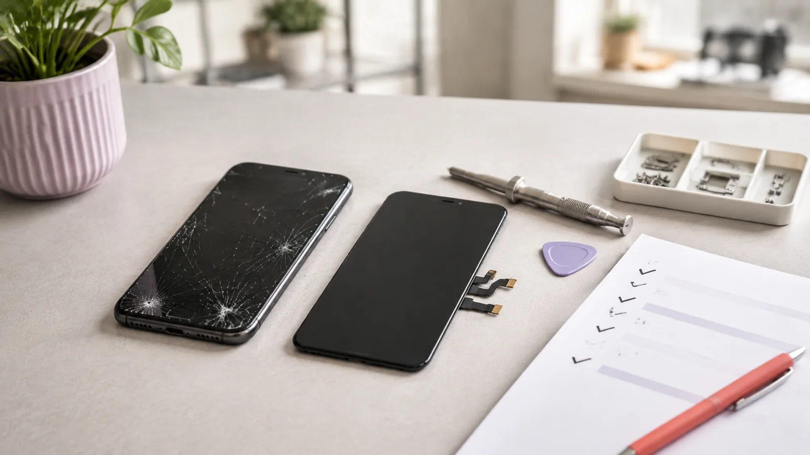 iPhone 11 och ersättningsskärm inför jämförelse av pris och kvalitet