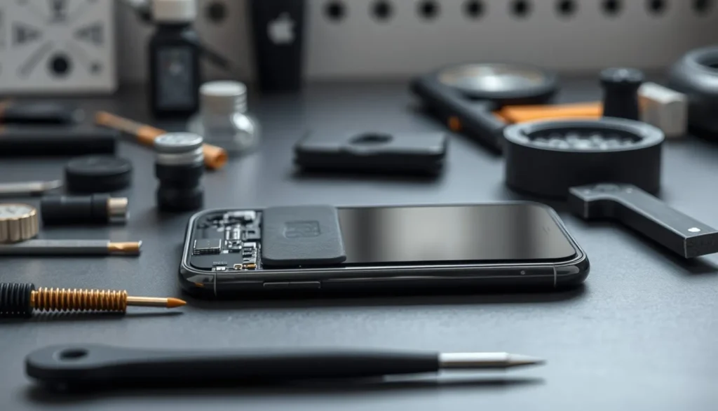 Öppnad mobiltelefon och verktyg på en arbetsbänk