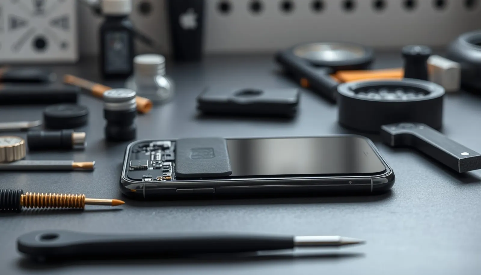 Öppnad mobiltelefon och verktyg på en arbetsbänk