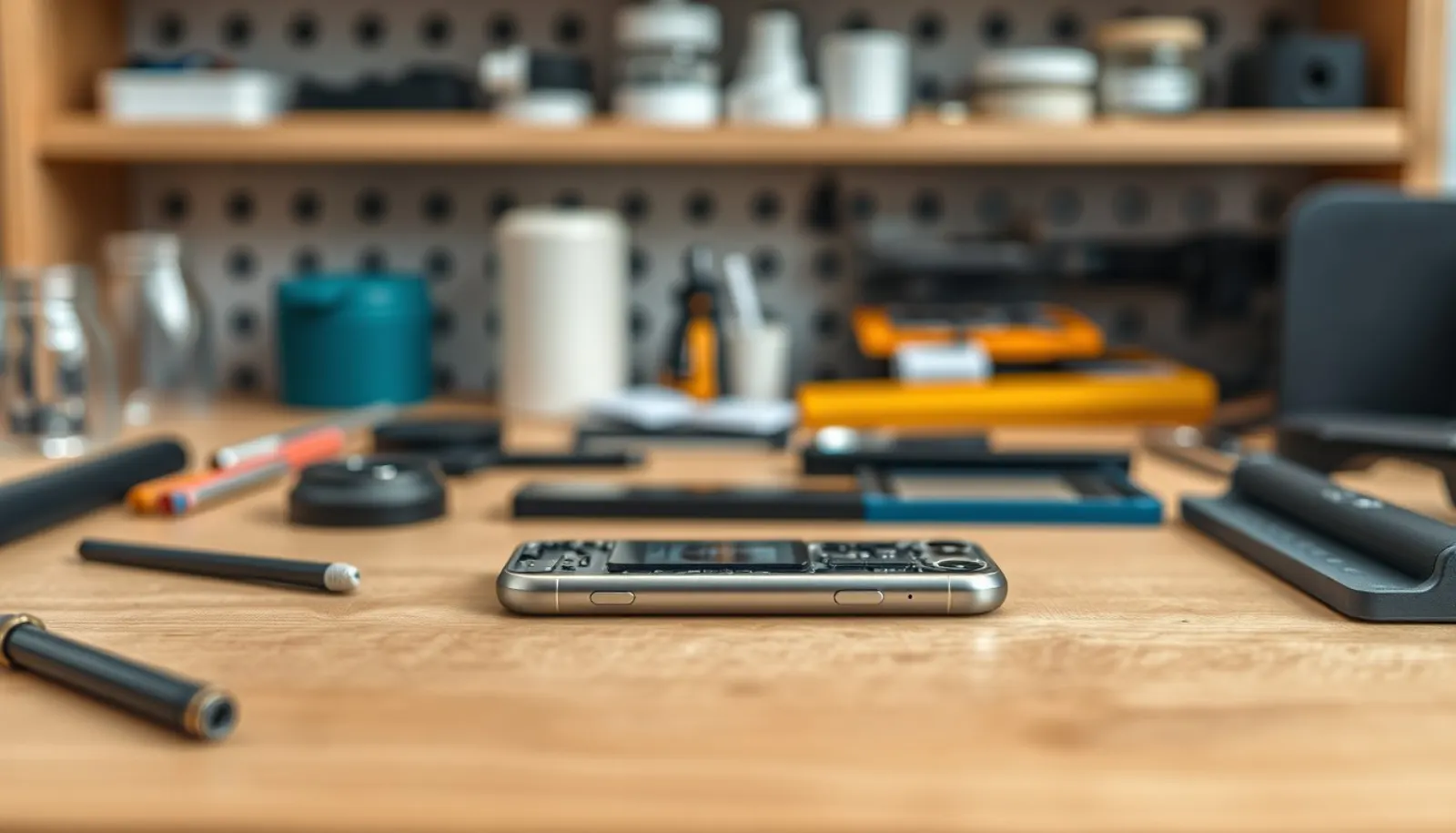Mobiltelefon på en arbetsbänk med reparationsverktyg