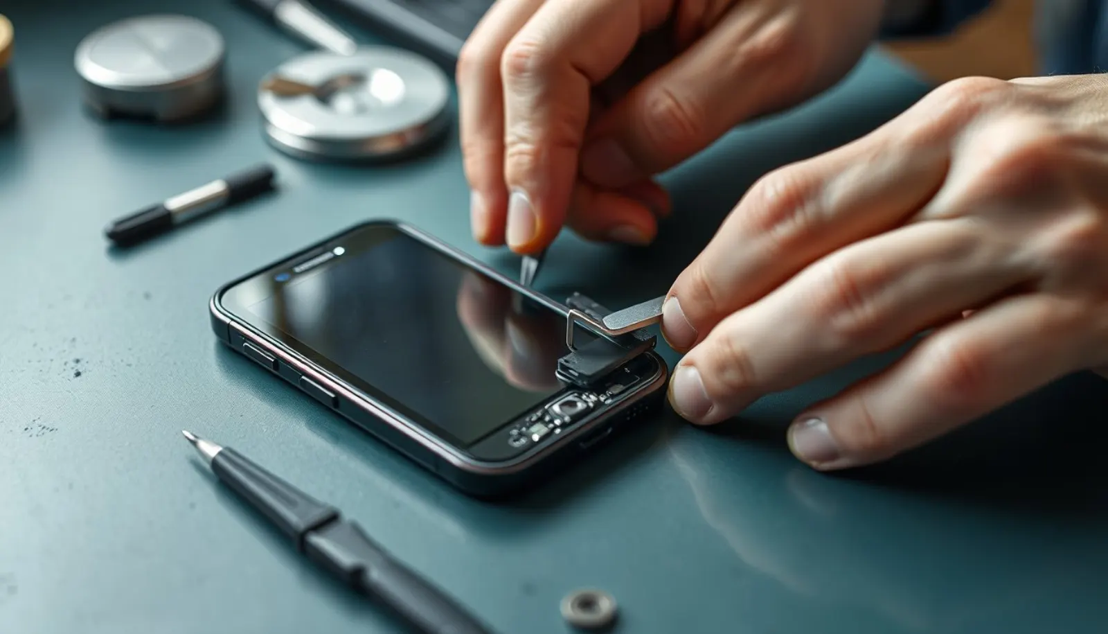 Händer och verktyg vid en öppnad mobiltelefon