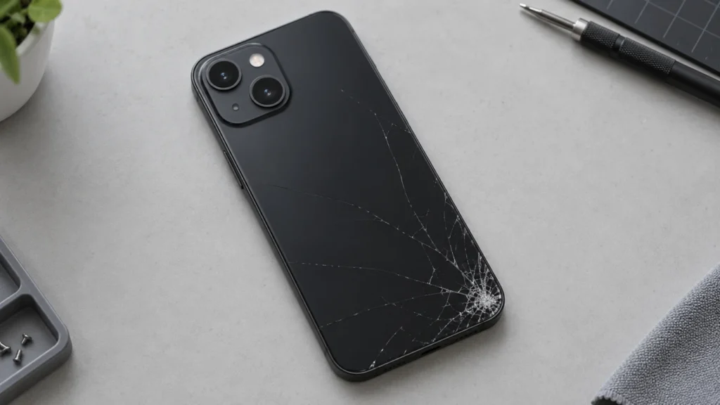 iPhone med sprucket bakglas på ett bord