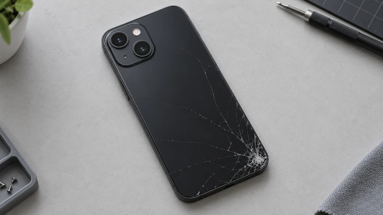 iPhone med sprucket bakglas på ett bord