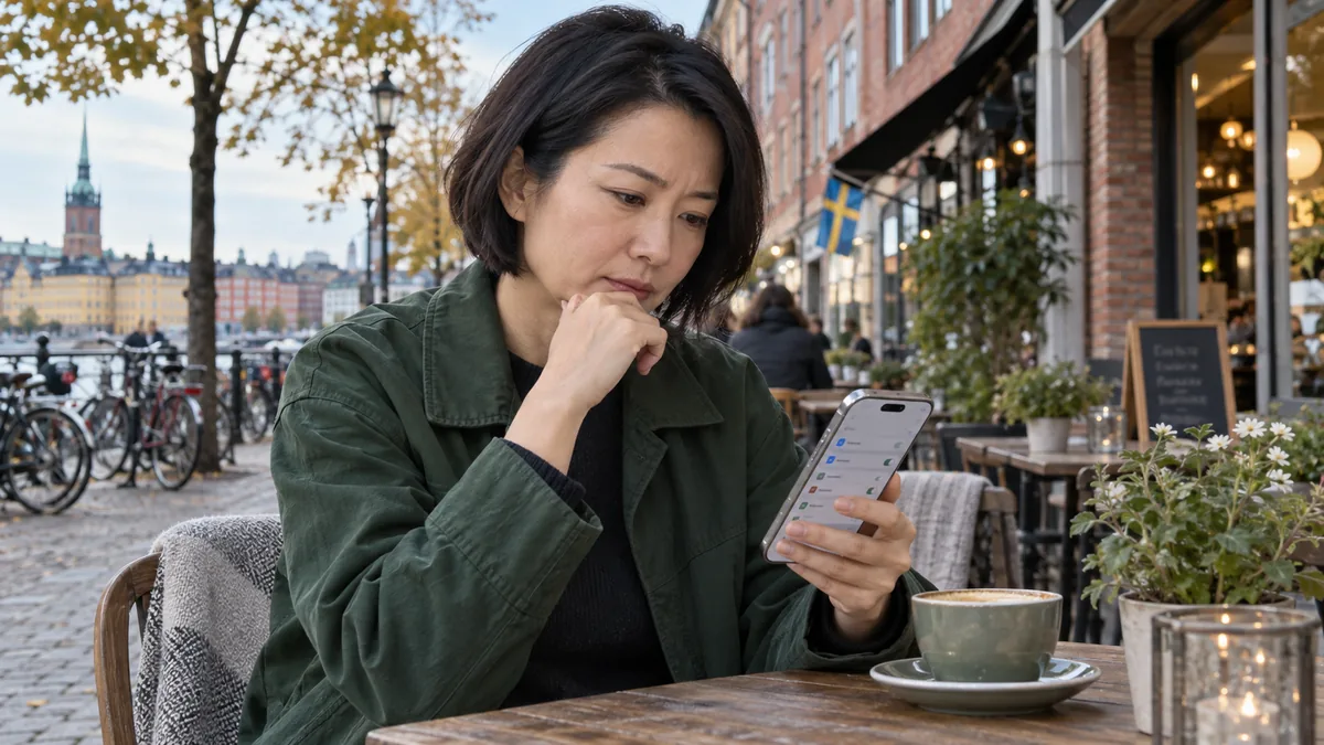 Kvinna använder en iPhone vid ett kafé