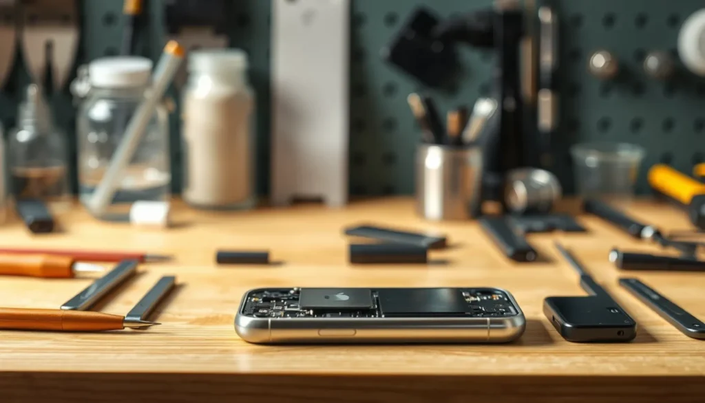 Öppnad mobiltelefon på en arbetsbänk inför reparation